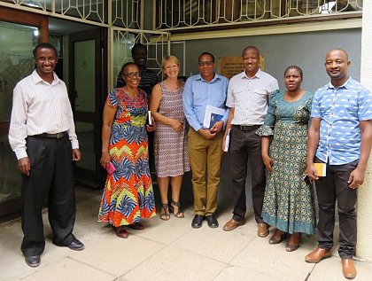 Visit of Mrs. Margot Weiler-Wohlfarth at MUHAS
(from right to left: Dr. Joseph Sempombe, Prof. Dr. Mary Justin-Temu, Dr. Joseph N. Otieno, Mrs. Margot Weiler-Wohlfarth, Mr. Raphael Shedafa, Prof. Dr. Eliangiringa Kaale, Prof. Dr. Ester Innocent, Mr. Alphonce Marealle)